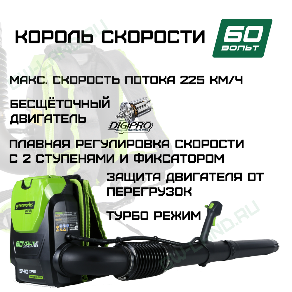 Ранцевый Воздуходув, аккумуляторный Greenworks Арт. 2402307, 60V, бесщеточный
