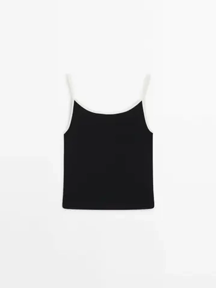 Massimo Dutti Хлопковый топ на бретелях с контрастной окантовкой, черный