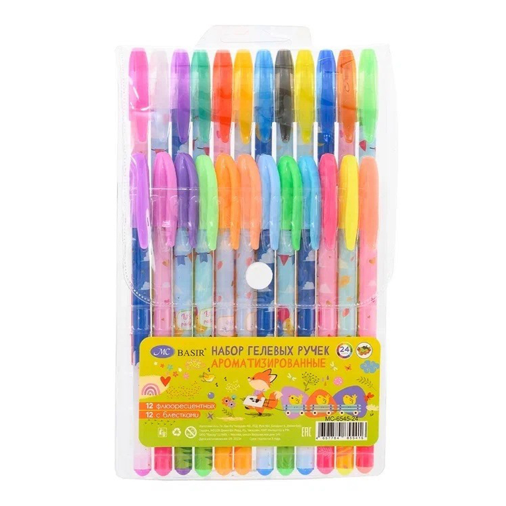 Ручка гелевая, Basir, цветные чернила, серия "Лисята", ароматизированная с блёстками, 24 шт