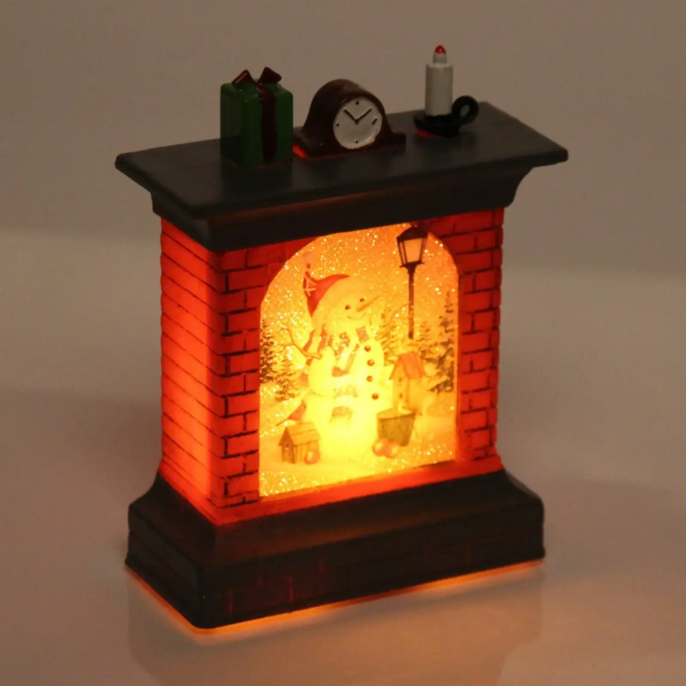 Сувенир с подсветкой «Камин со снеговичком» 10,5*8 см