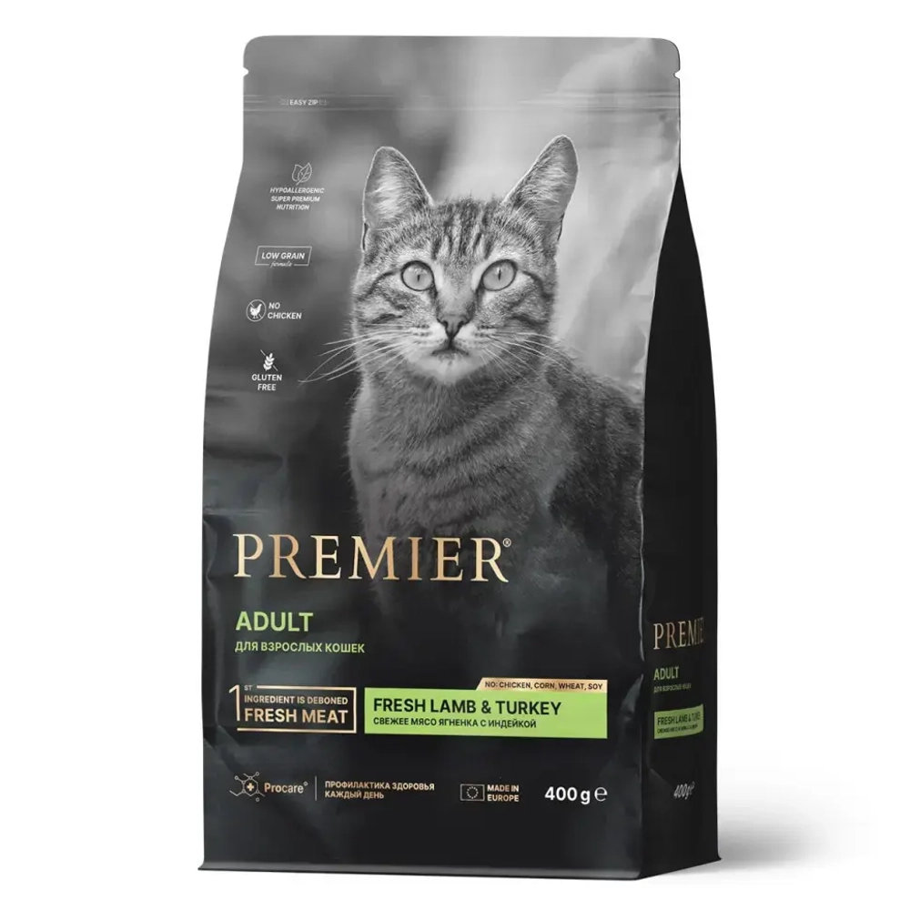 Premier cat lamb & turkey adult сухой корм для взрослых кошек, свежее мясо ягненка с индейкой - 400 г