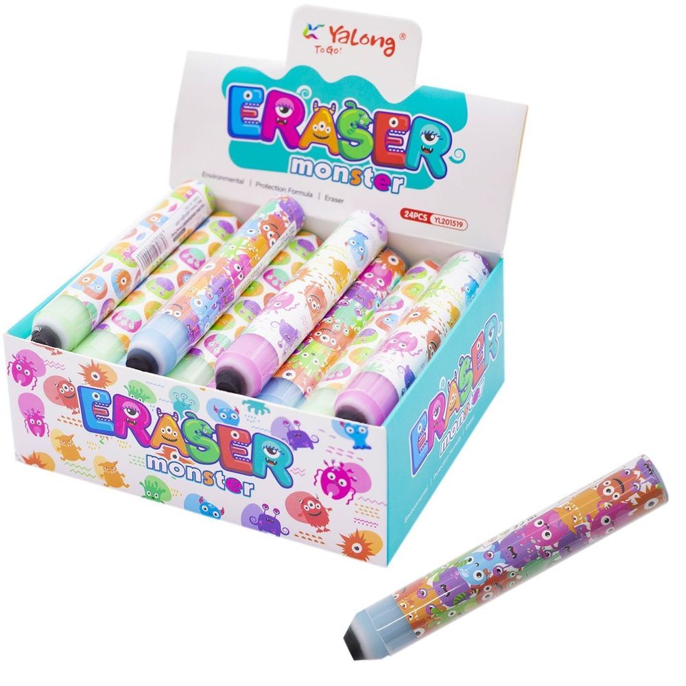 Ластик Yalong "Монстрики", синтетический каучук, ПВХ, цилиндрический, цвет ассорти, 105х15 мм, картонная упаковка