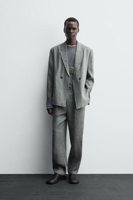 ZARA БРЮКИ КОСТЮМНЫЕ ИЗ 100% ЛЬНА, ЛИНЯЛЫЙ ЗЕЛЕНЫЙ