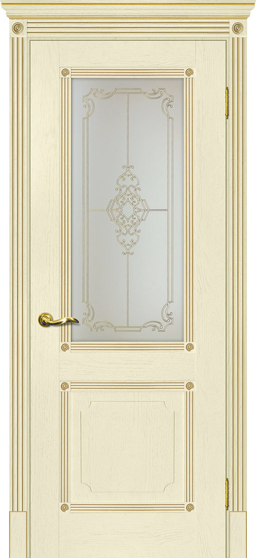 Дверь Флоренция-2 / Цвет ваниль, патина золото / Сатинат, контурный полимер золото / Двери МАРИАМ