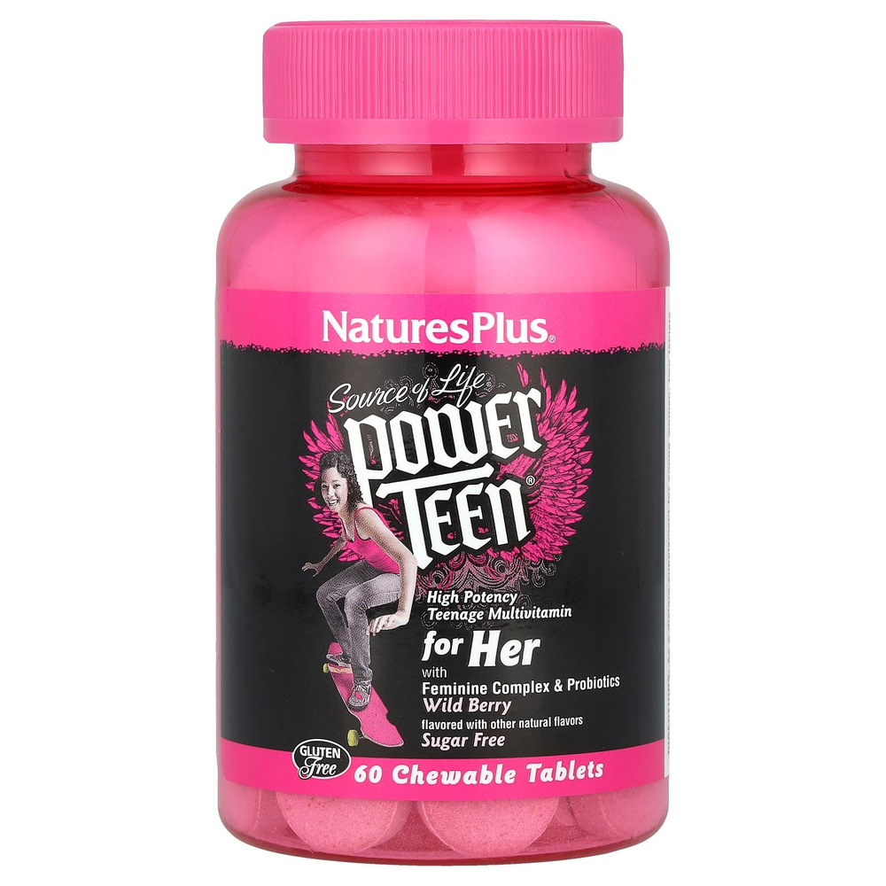 NaturesPlus, NaturesPlus, Source of Life®️, Power Teen®️, добавка для девочек-подростков, без сахара, со вкусом лесных ягод, 60 жевательных таблеток