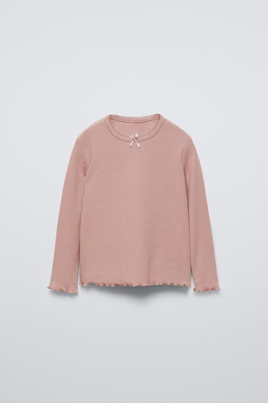 ZARA ФУТБОЛКА POINTELLE С БАНТОМ, СВЕТЛО-РОЗОВЫЙ