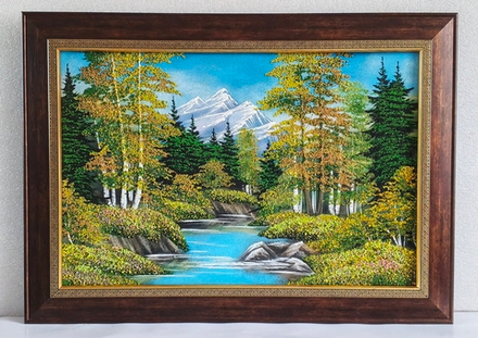 Картина " Осенний пейзаж" рисованная камнем 71-51см