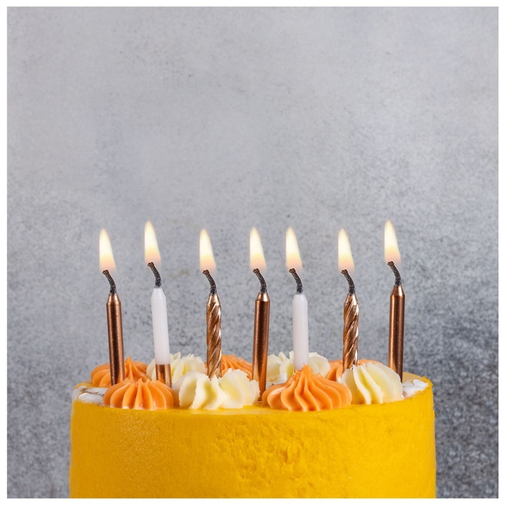 Свечи для торта розовое золото металлик и белые с глиттером 8 см, 12 шт