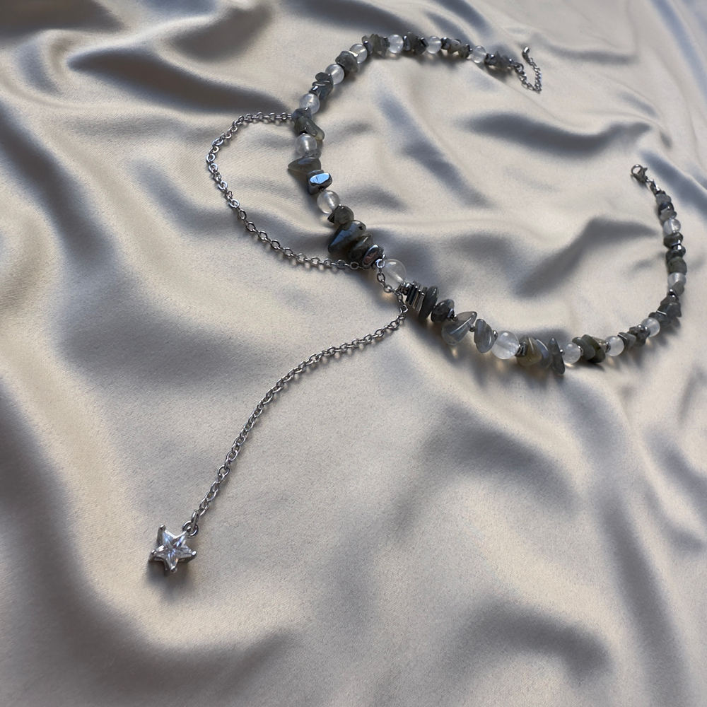 Колье «Лунная Комета» — лабрадорит, адуляр и гематит