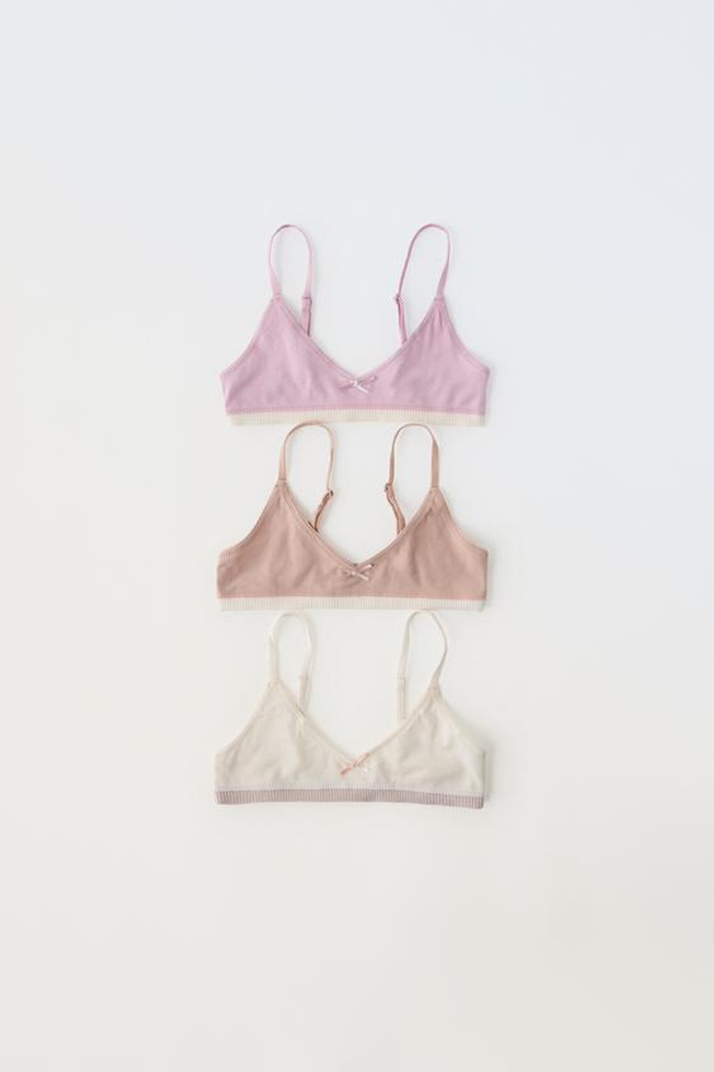 ZARA НАБОР ИЗ ТРЕХ ТОПОВ В РУБЧИК С БАНТАМИ, ЭКРЮ