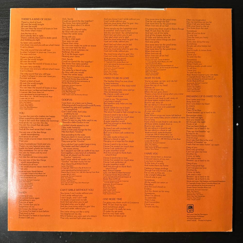 Carpenters ‎– A Kind Of Hush (Англия 1976г.)