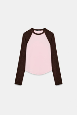 ZARA ФУТБОЛКА РЕГЛАН С КОНТРАСТНЫМИ ДЕТАЛЯМИ, ОТТЕНКИ КОРИЧНЕВОГО