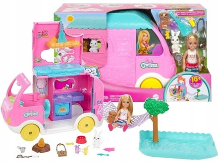 Игрушечный транспорт для куклы Barbie - Кемпер Барби Chelsea Pink + кукла Челси + 14 аксессуаров HNH90