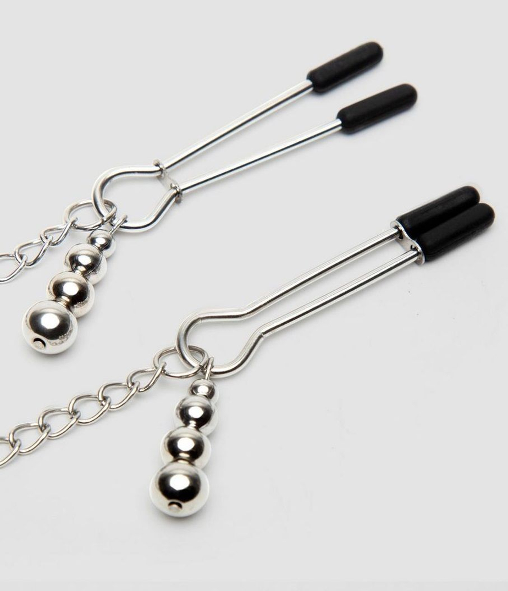 Атласный ошейник с зажимами для сосков Play Nice (Цвет: серебристый с черным)