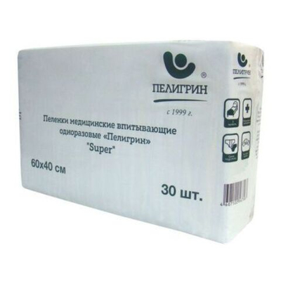 Пеленки медицинские впитывающие одноразовые, нестерильные "Пелигрин", "Super" 60х40 см, 30шт.