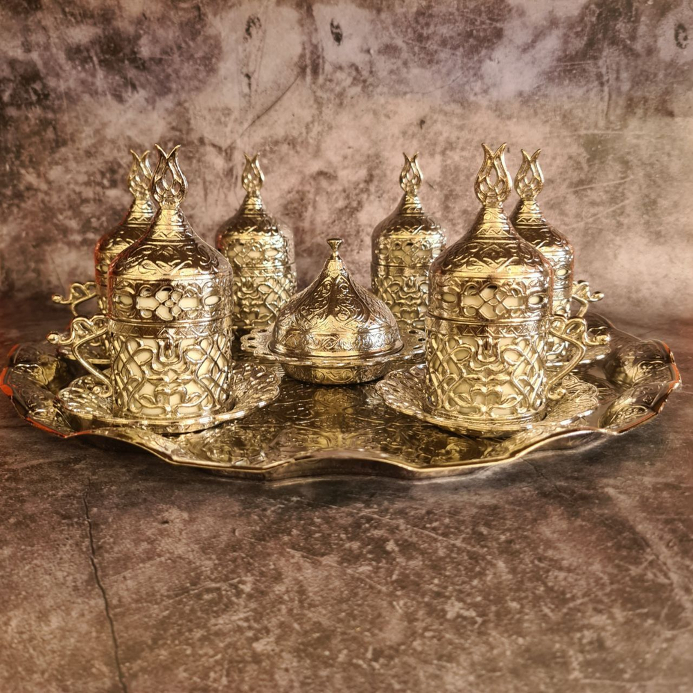 Кофейный набор "Тюльпан" на 6 персон с подносом/ACAR. Турция (серебристый 27 предметов)