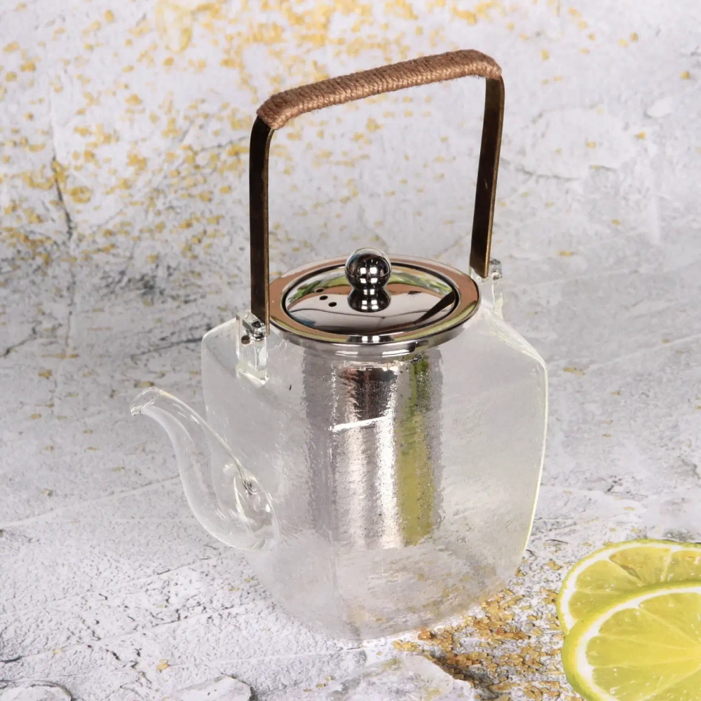 Чайник заварочный стеклянный 1000мл «ICE» с металлическим ситом, плетеная ручка, квадрат