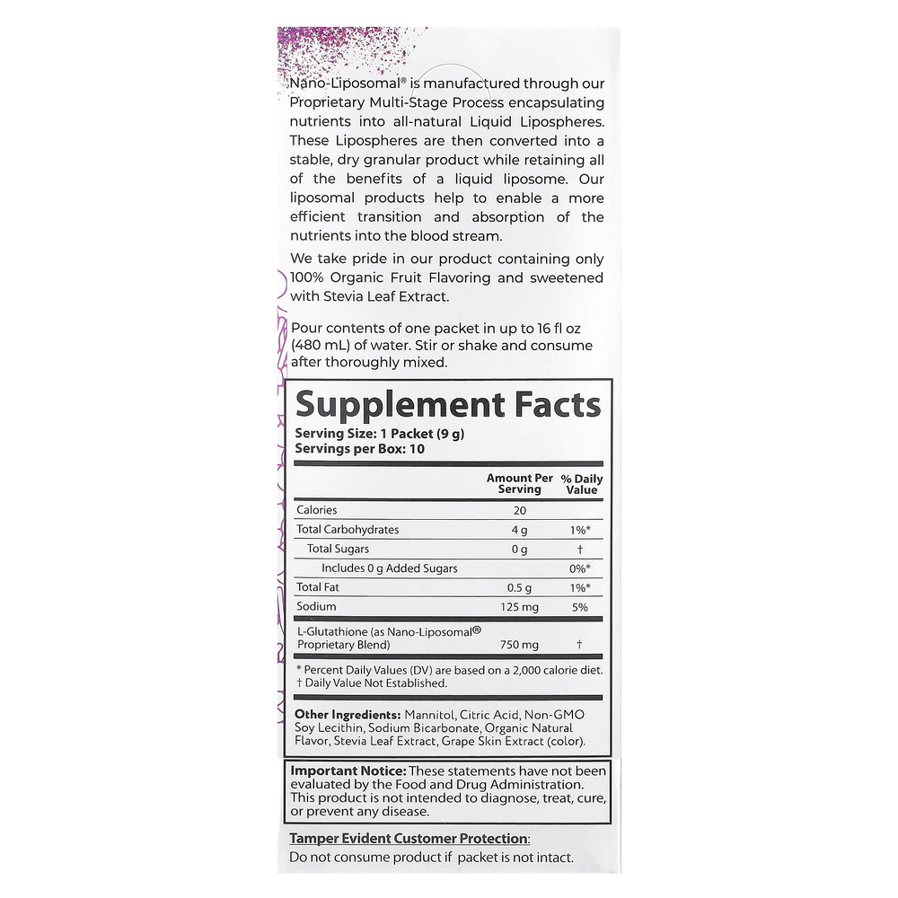 Aurora Nutrascience, Nano-Liposomal®, глутатион, смесь для липосомальных напитков, 10 пакетиков по 9 г (0,32 унции)