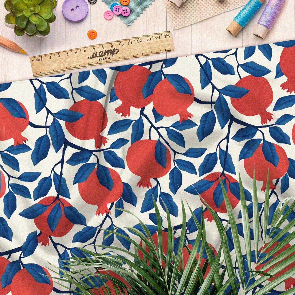 Ткань бязь японские гранаты с синей листвой