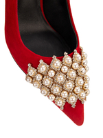 Женские замшевые туфли красные с жемчугом