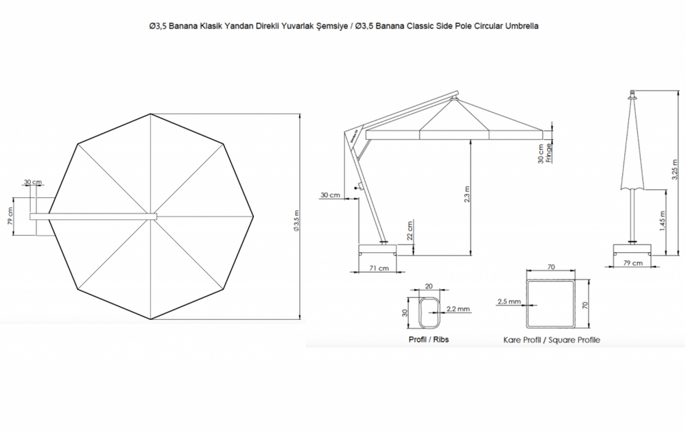 Зонт профессиональный Ø3.5 м Theumbrela Semsiye Evi Banana, черный, натуральный, черный