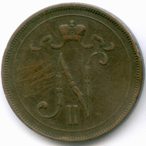 10 пенни 1900 год. Россия для Финляндии (Вензель Николая II). F-VF