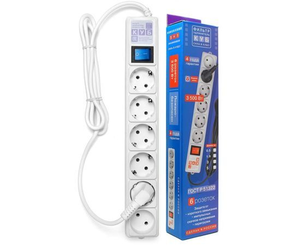 Power Cube (КУБ) сет. удл.-фильтр ПВС 3х1 6 роз. (5+1) 1.9 м 16А БЕЛЫЙ (РФ) SPG(5+1)-16B-1,9М