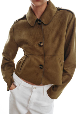 ZARA КОРОТКАЯ КУРТКА ИЗ ИСКУССТВЕННОЙ ЗАМШИ, ТЕМНЫЙ ХАКИ