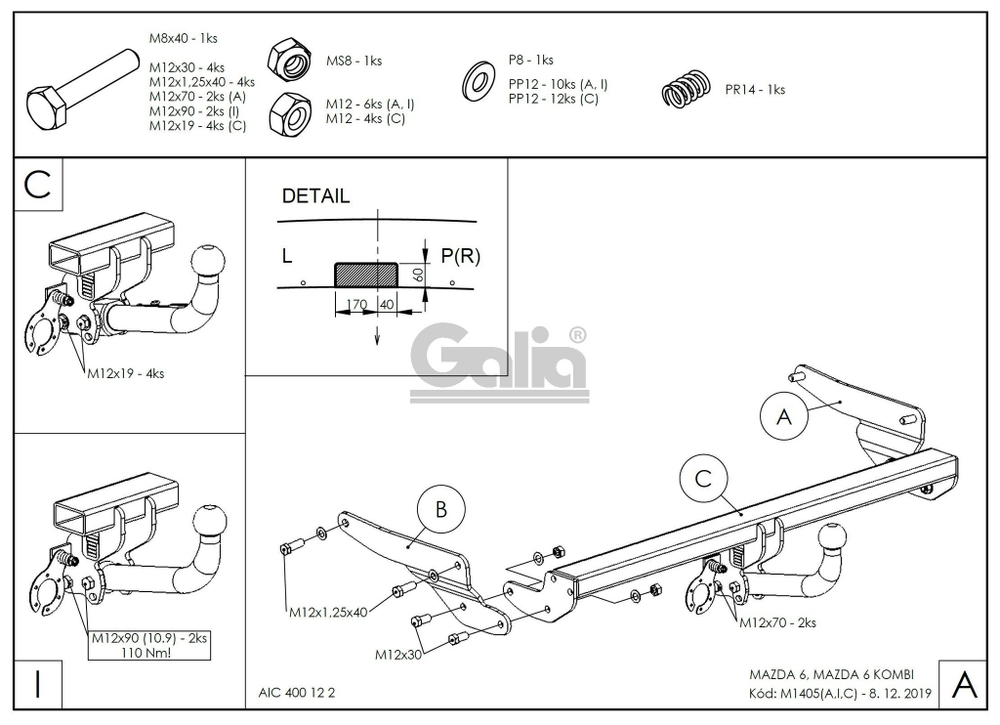 Фаркоп оцинкованный Galia M140A для MAZDA 6 2012-(паспорт и сертификат в комплекте)(без электрики)