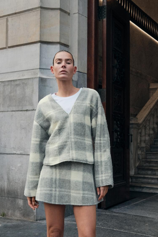 ZARA ТОЛСТОВКА ИЗ МЯГКОЙ ТКАНИ В КЛЕТКУ, ОТТЕНКИ СЕРОГО