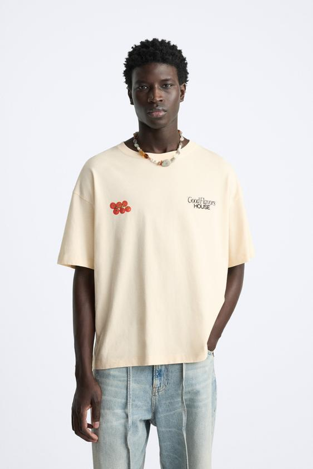 ZARA ФУТБОЛКА С КОНТРАСТНЫМ ПРИНТОМ, БЕЖЕВЫЙ