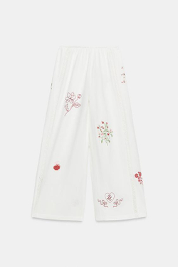 ZARA ДЛИННЫЕ БРЮКИ С ВЫШИВКОЙ, БЕЛЫЙ