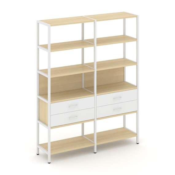 Shelf System Двухсекционный стеллаж пятиярусный с ящиками SN.STM-522 Акация Лорка/Белый/Металл Белый