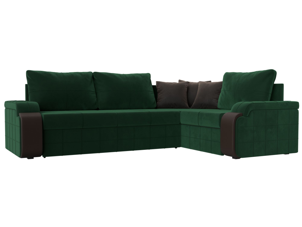 Диван угловой Николь правый угол, Зеленый\Коричневый\Коричневый, Велюр\Экокожа, 102973
