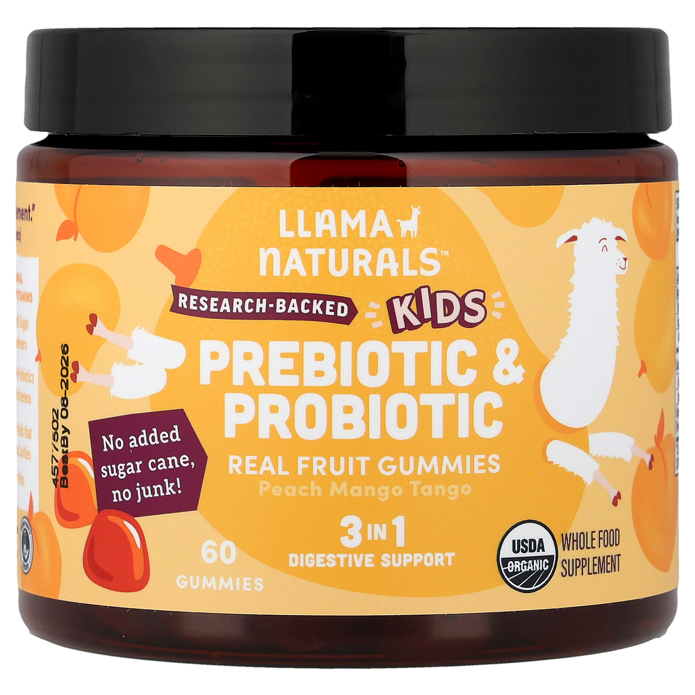 Llama Naturals, пребиотики и пробиотики для детей, натуральные фруктовые жевательные таблетки, со вкусом персика и манго, 60 жевательных таблеток
