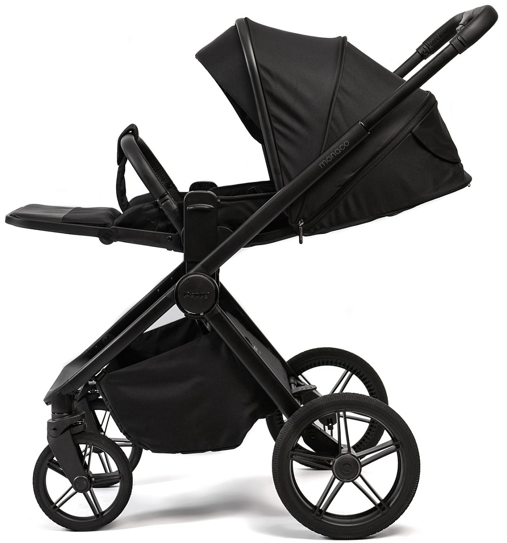 Детская коляска Peppy Monaco 3 в 1 с автокреслом Rise Black Black (черный), рама черная матовая