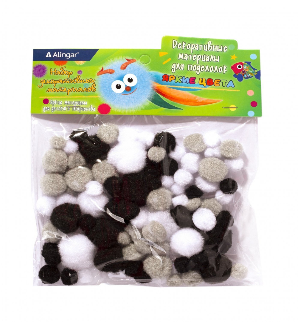 Декоративный материал Alingar, "Черно-серые цвета" (черн,сер,бел), пушистые помпоны, 80 шт, микс, пакет с европодвесом