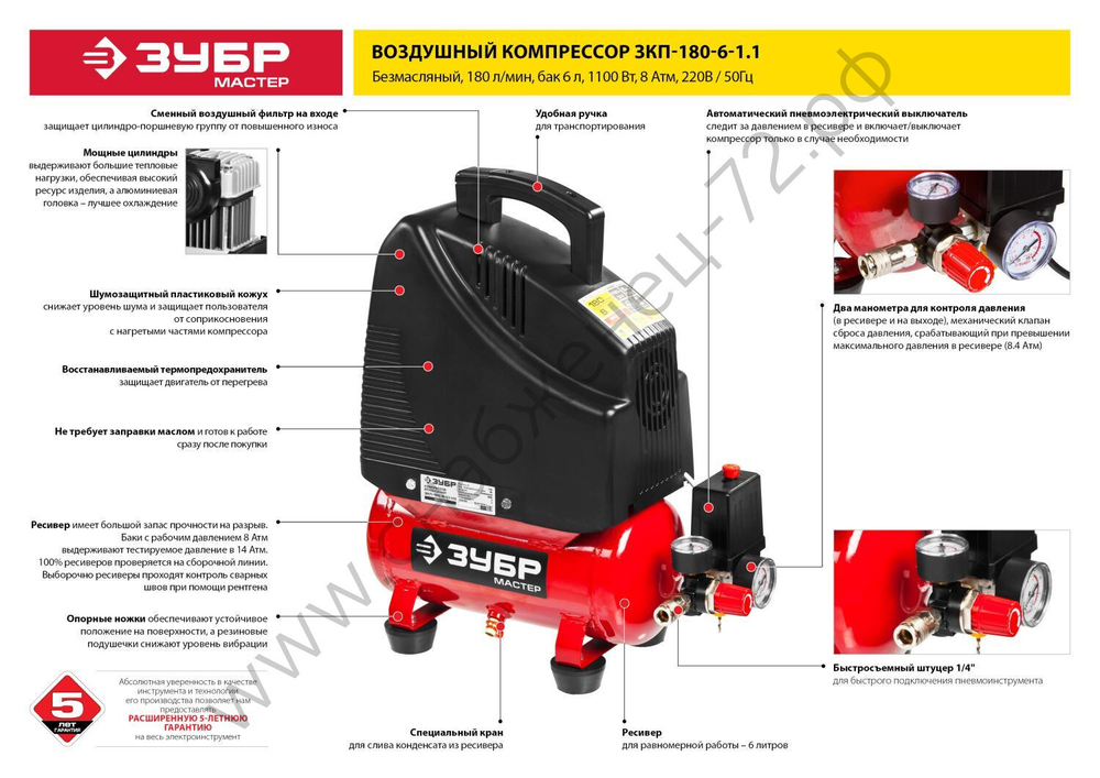 Компрессор воздушный безмасляный, 180 л/мин, 6 л, 1100 Вт, ЗУБР