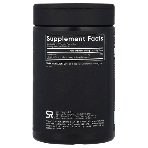 Sports Research, глицинат магния, 90 растительных капсул (80 мг в 1 капсуле)