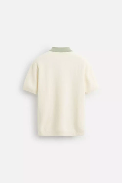 ZARA ТРИКОТАЖНОЕ ПОЛО С КОНТРАСТНОЙ ОТДЕЛКОЙ, ЭКРЮ/ЗЕЛЕНЫЙ