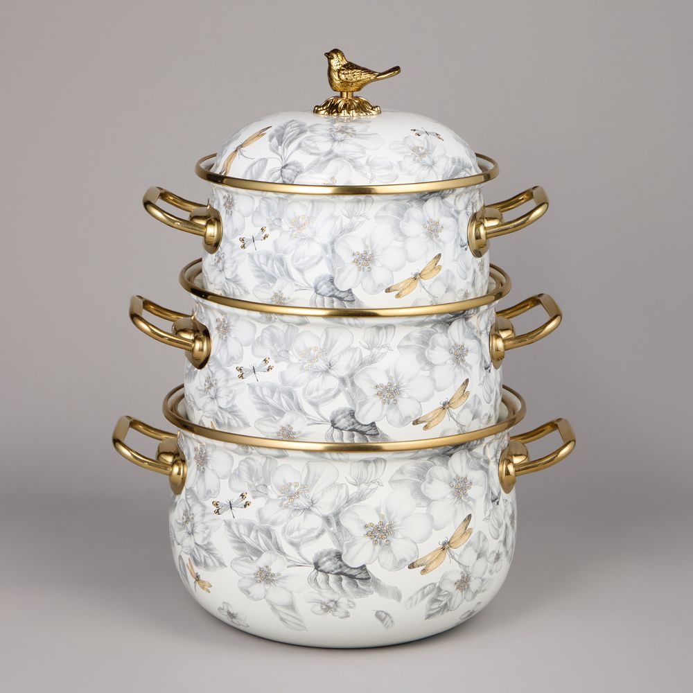 НАБОР КАСТРЮЛЬ AGNESS ЭМАЛИРОВАННЫХ СЕРИЯ "ЯБЛОНЕВЫЙ САД", 6ПР. 2,1Л, 2,8Л И 3,8Л