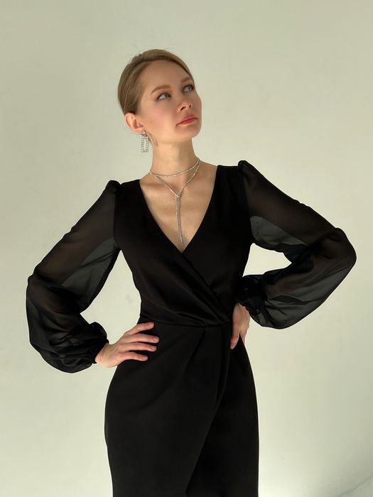 Вечернее платье футляр с рукавами из шифона (черный)