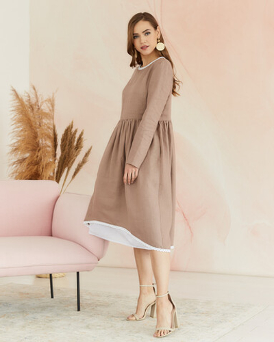 Платье с подъюбником Алиса изо льна цвета латте