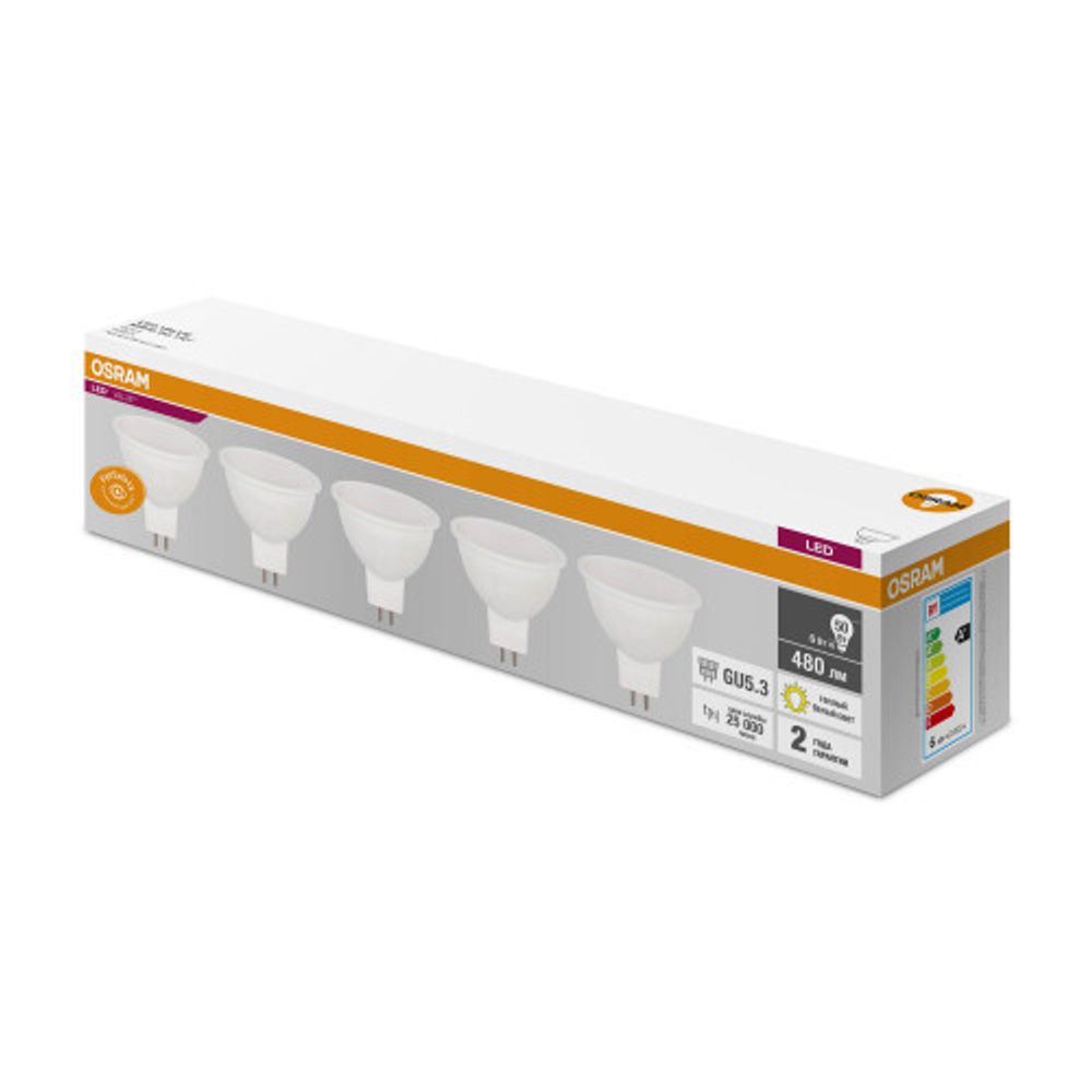 Лампочки светодиодные Osram Led Value MR16 6Вт 3000К GU5.3 точечный матовый теплый белый свет набор 5 штук | Osram