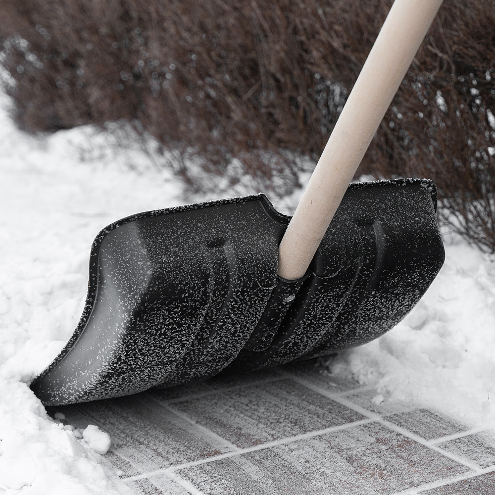 Лопата для уборки снега пластиковая, 380х385х1420 мм, оцинк. планка, деревянный черенок