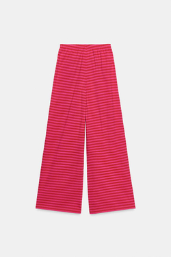 ZARA БРЮКИ В ПОЛОСКУ ИЗ ХЛОПКА И ЛЬНА, РОЗОВЫЙ/ЛИЛОВЫЙ