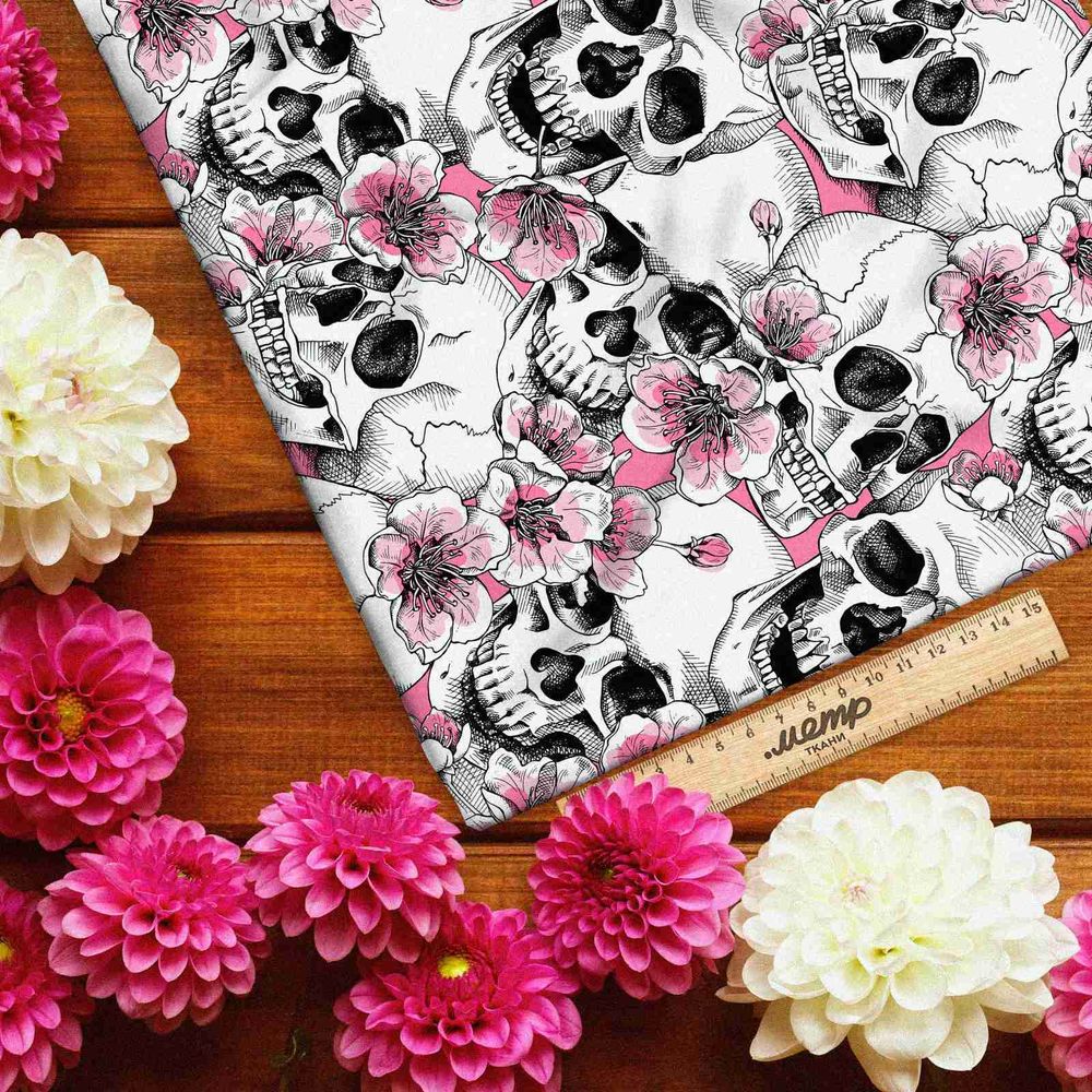 Ткань кулирная гладь розовые черепа