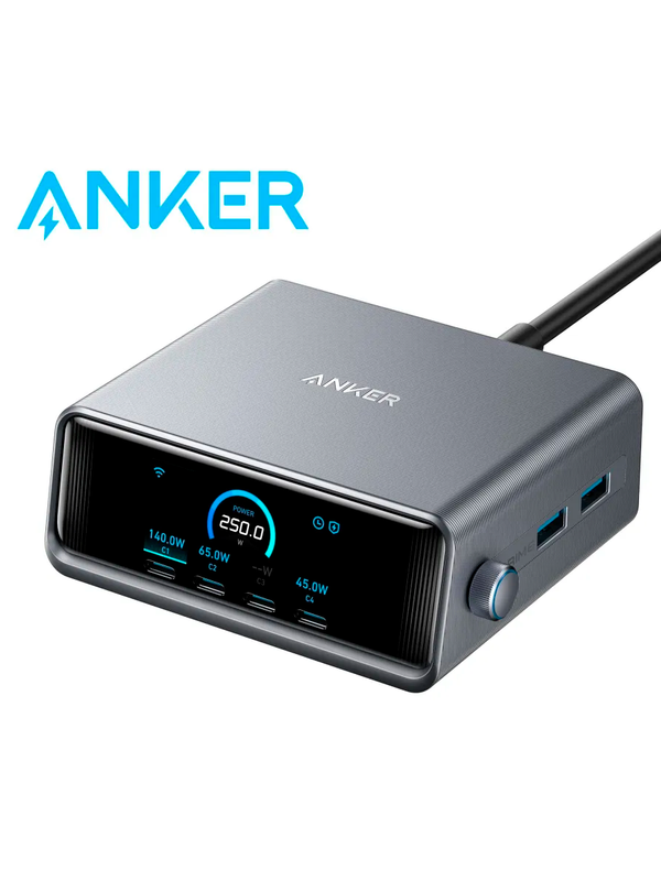 Сетевая зарядная станция Anker Prime GaN 250W, USB-C, ультрабыстрая 6-портовая зарядная станция Серая