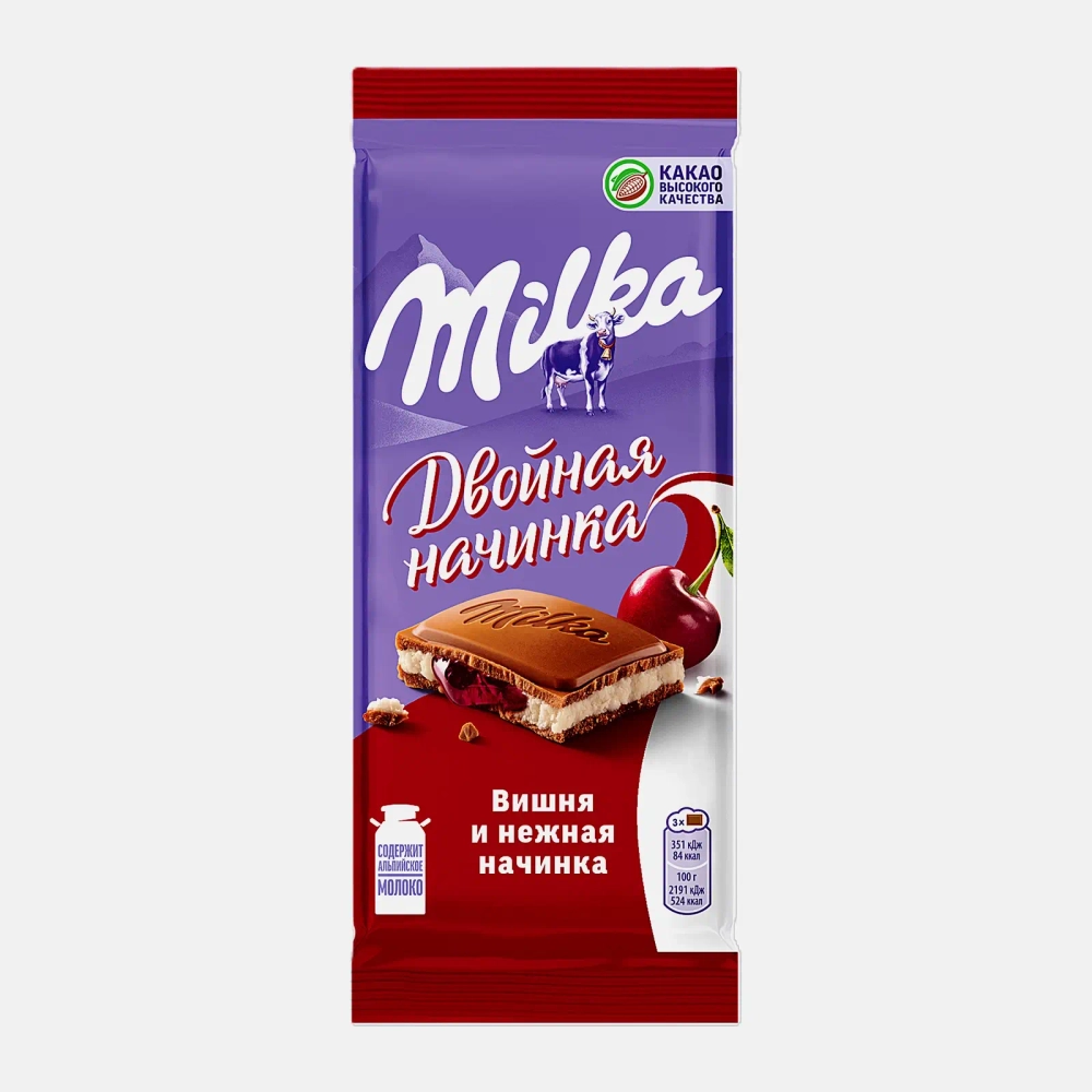 Шоколад Milka молочный Двойная начинка вишня и нежная начинка 80г