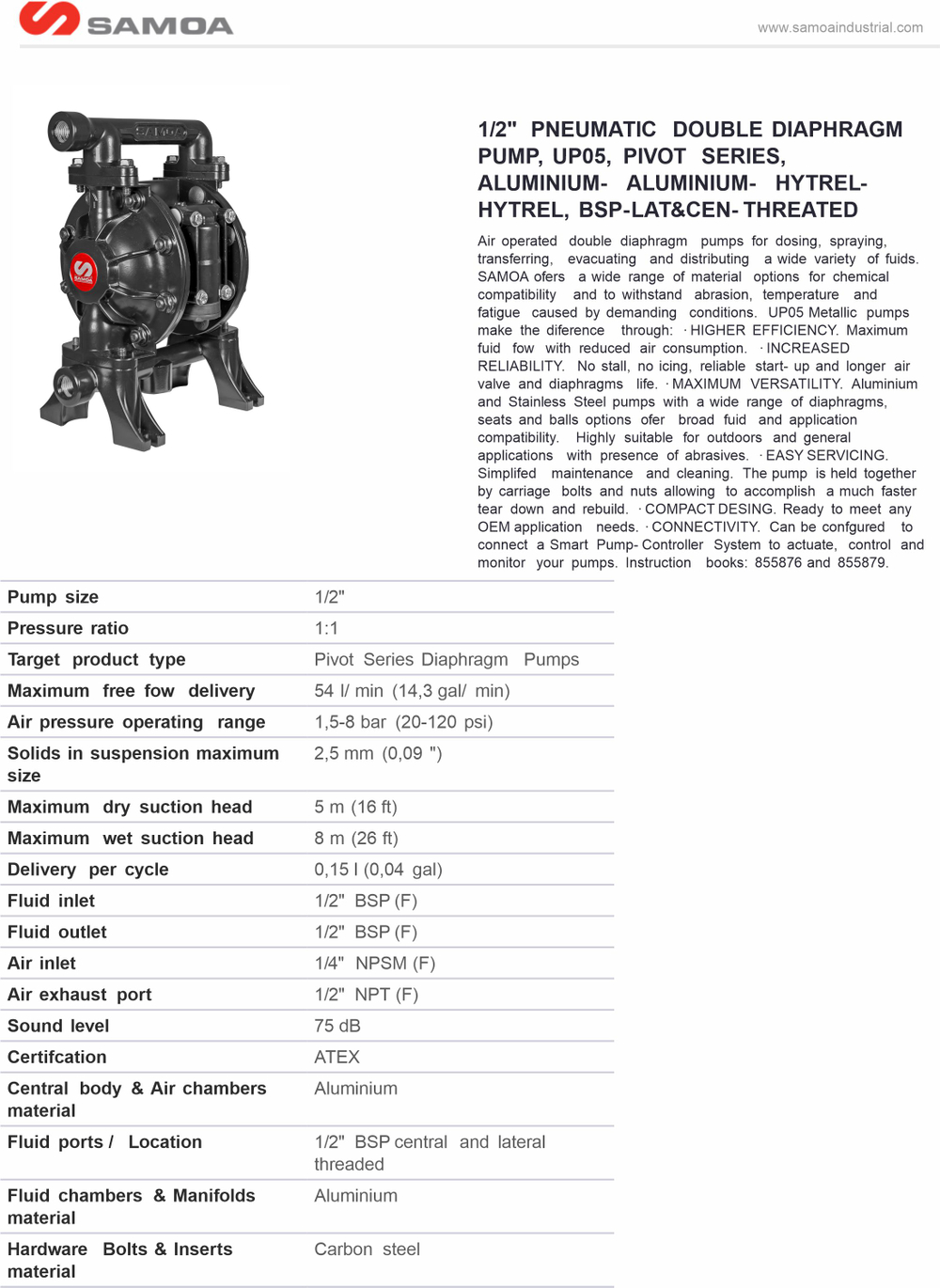 UP05- Диафрагменный насос алюминий/углеродистая сталь/хайтрел/ PTFE, 54 л/мин